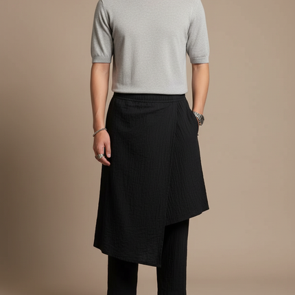 Pantalon Jupe Noir Superposé Texturé Ample Décontracté - Coton