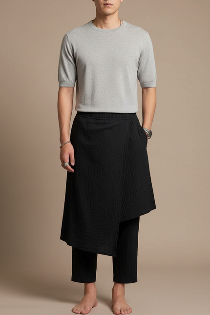 Pantalon Jupe Noir Superposé Texturé Ample Décontracté - Coton