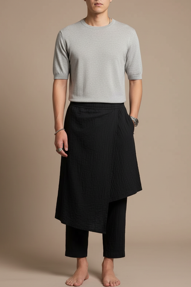 Pantalon Jupe Noir Superposé Texturé Ample Décontracté - Coton