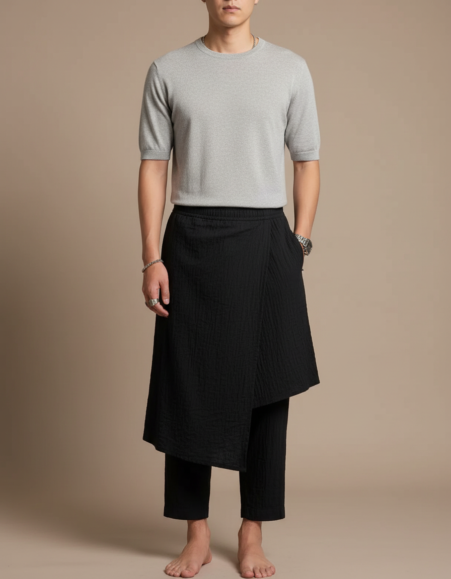 Pantalon Jupe Noir Superposé Texturé Ample Décontracté - Coton
