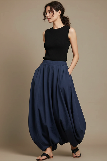 Pantalon Jupe Bleu Marine Ample Coton Lin Femme