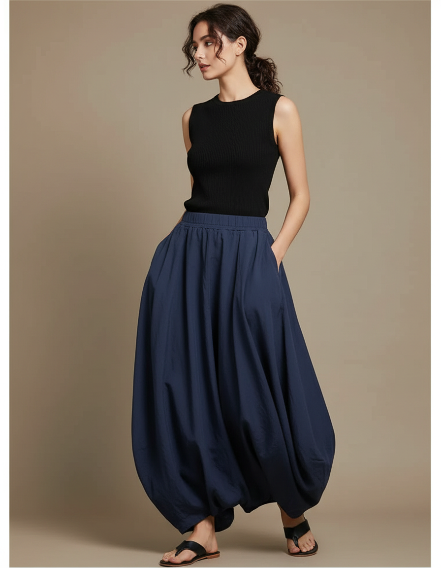 Pantalon Jupe Bleu Marine Ample Coton Lin Femme