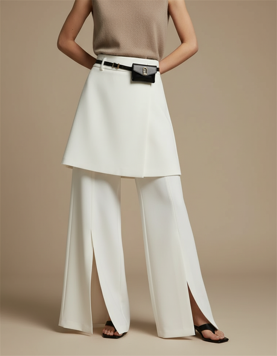 Pantalon Jupe Blanc Superposé Fendu Élégant Fluide - Polyester