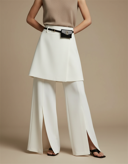 Pantalon Jupe Blanc Superposé Fendu Élégant Fluide - Polyester