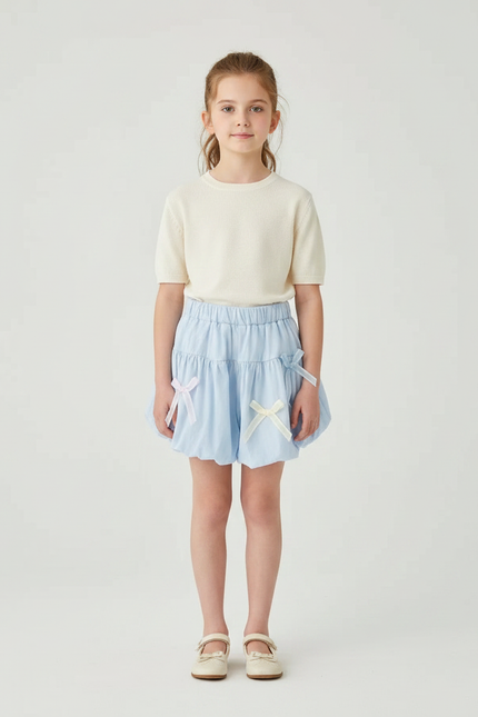 Pantalon Jupe Bleu Volants Nœuds Enfant Mignon - Coton