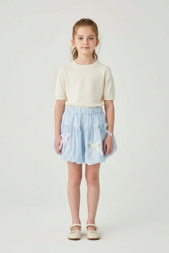 Pantalon Jupe Bleu Volants Nœuds Enfant Mignon - Coton