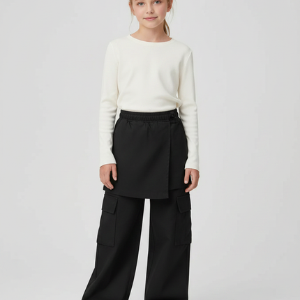 Pantalon Jupe Noir Cargo Ample Asymétrique Fille - Gabardine