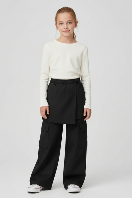 Pantalon Jupe Noir Cargo Ample Asymétrique Fille - Gabardine