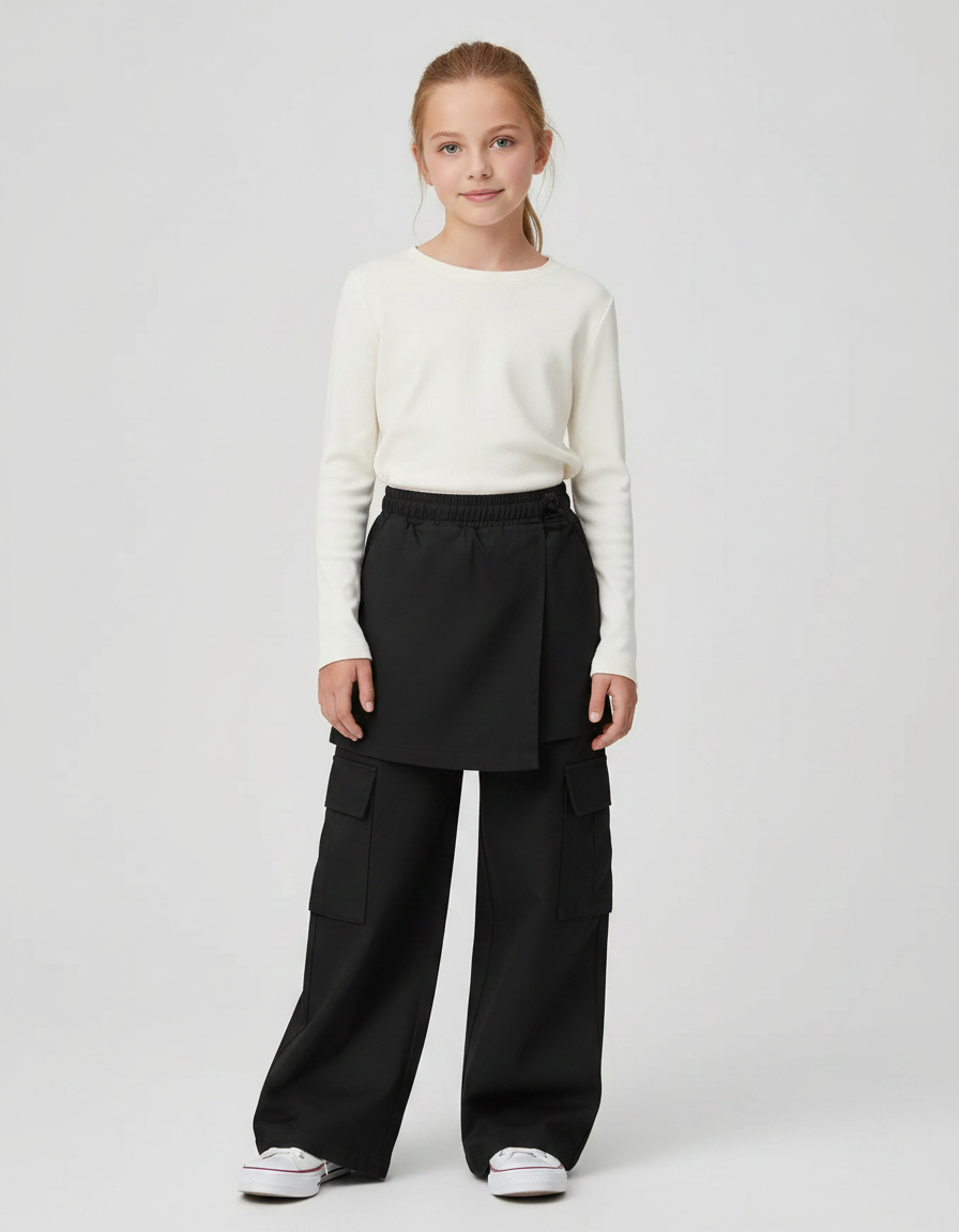Pantalon Jupe Noir Cargo Ample Asymétrique Fille - Gabardine