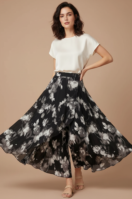Pantalon Jupe Noir Floral Fluide Ample Élégant - Polyester