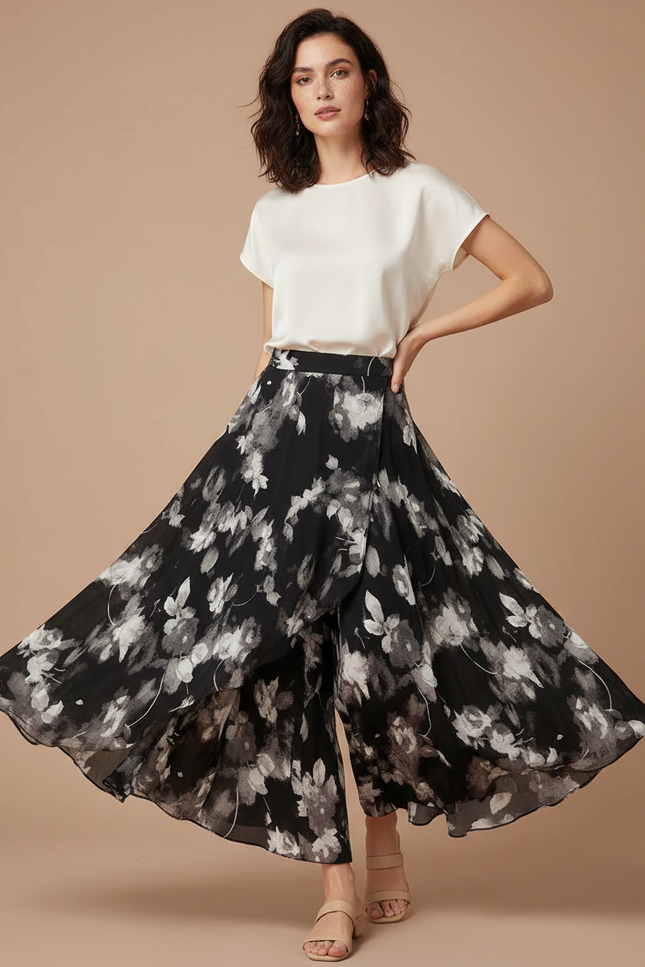 Pantalon Jupe Noir Floral Fluide Ample Élégant - Polyester