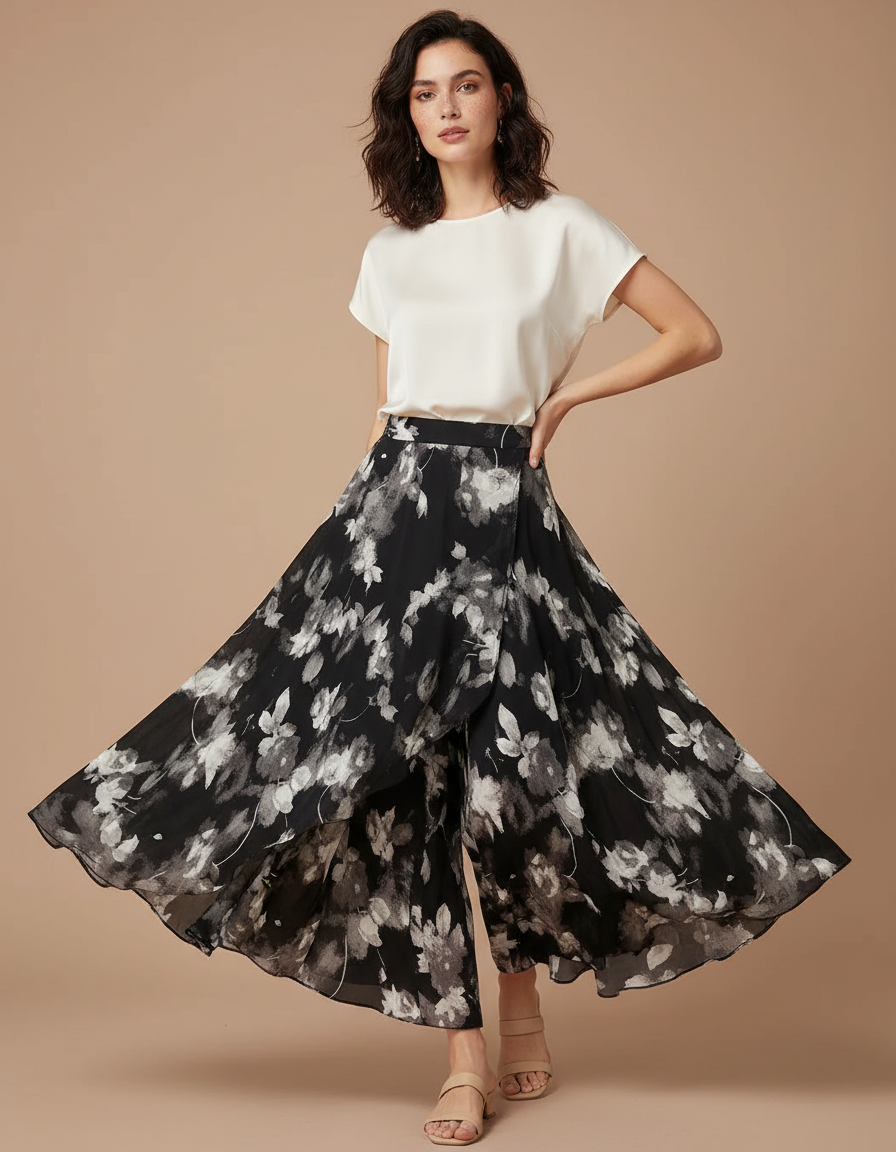 Pantalon Jupe Noir Floral Fluide Ample Élégant - Polyester