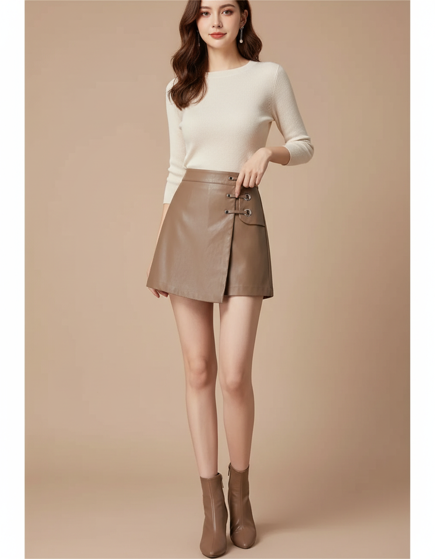 Pantalon Jupe Marron Cuir PU Taille Haute Élégant - Simili cuir