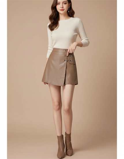 Pantalon Jupe Marron Cuir PU Taille Haute Élégant - Simili cuir