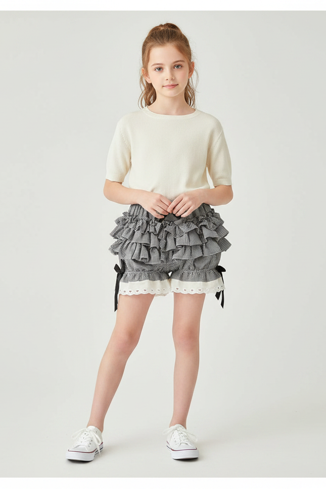 Pantalon Jupe Gingham Volants Dentelle Nœuds Mignon Enfant - Gris Coton