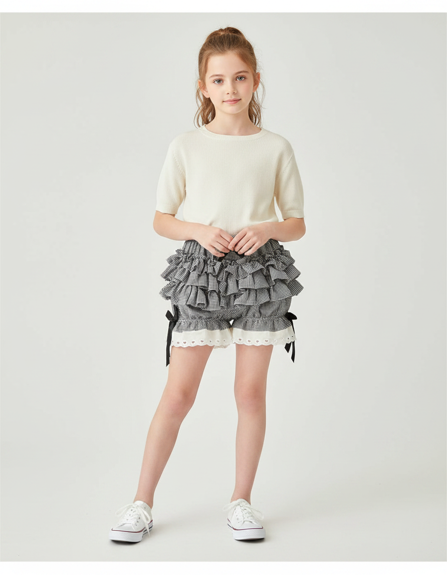 Pantalon Jupe Gingham Volants Dentelle Nœuds Mignon Enfant - Gris Coton