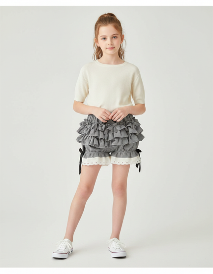 Pantalon Jupe Gingham Volants Dentelle Nœuds Mignon Enfant - Gris Coton