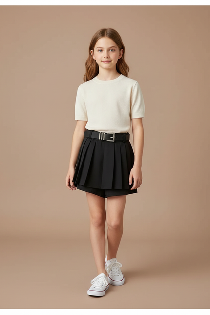 Pantalon Jupe Noir Plissé Ceinturé Fille Élégant - Polyester