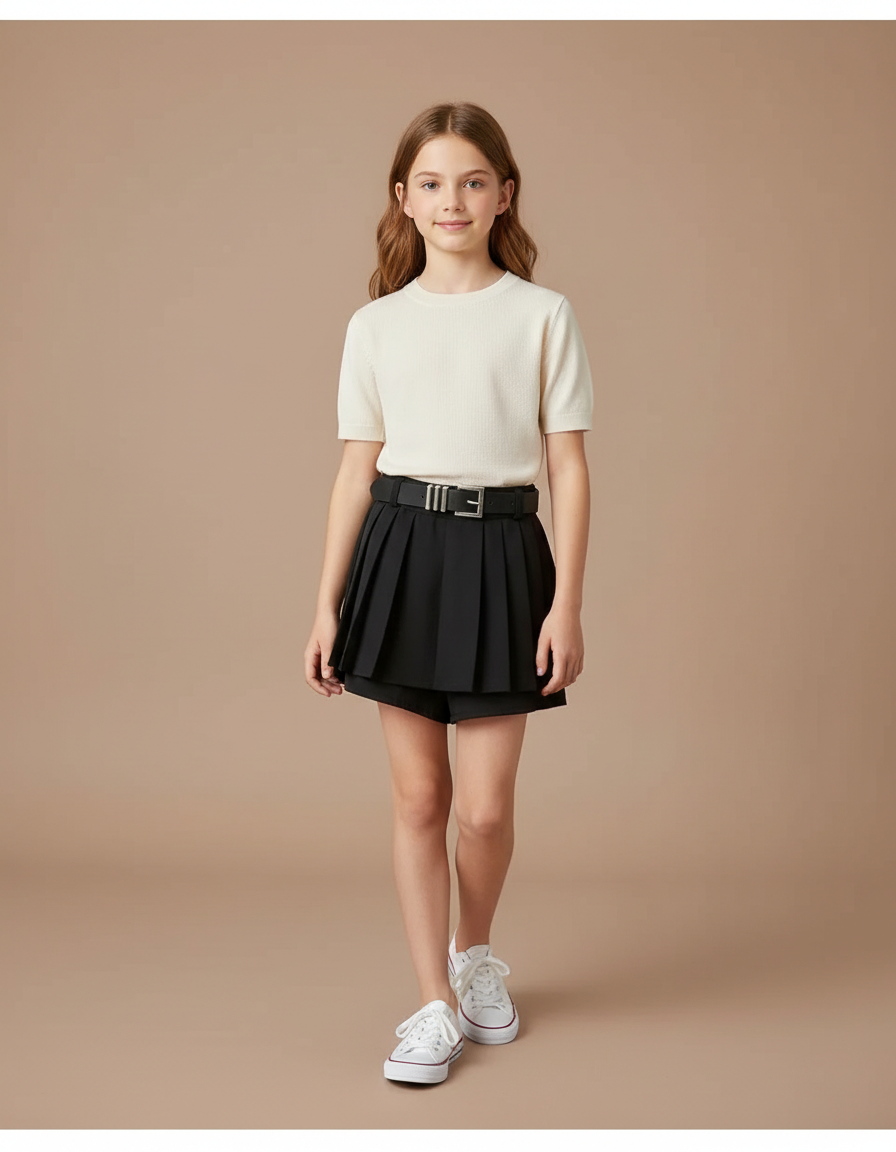 Pantalon Jupe Noir Plissé Ceinturé Fille Élégant - Polyester