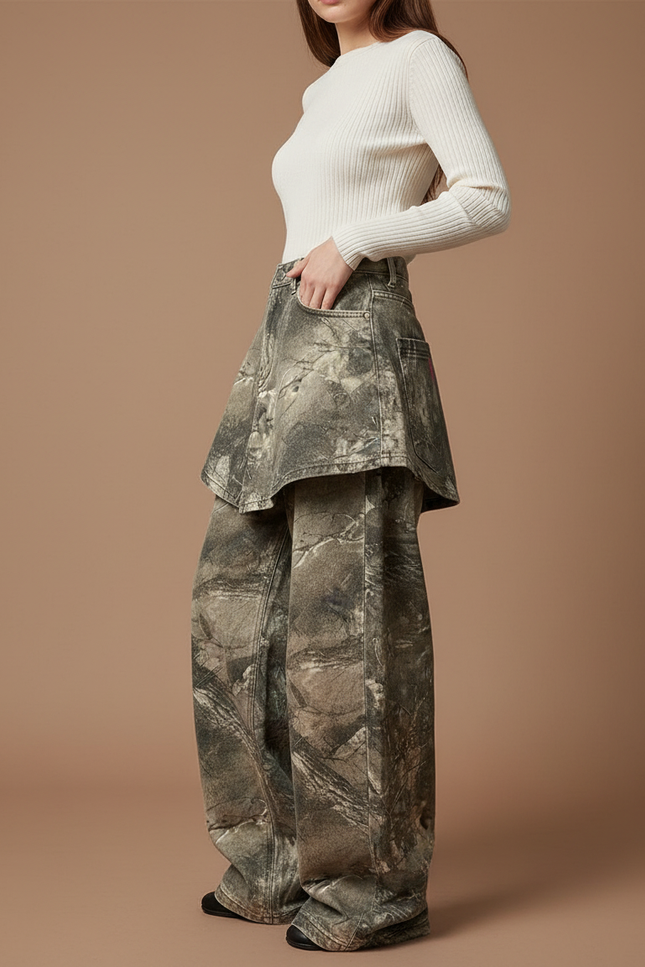 Pantalon Jupe Camouflage Ample Vintage Cargo - Kaki Jean