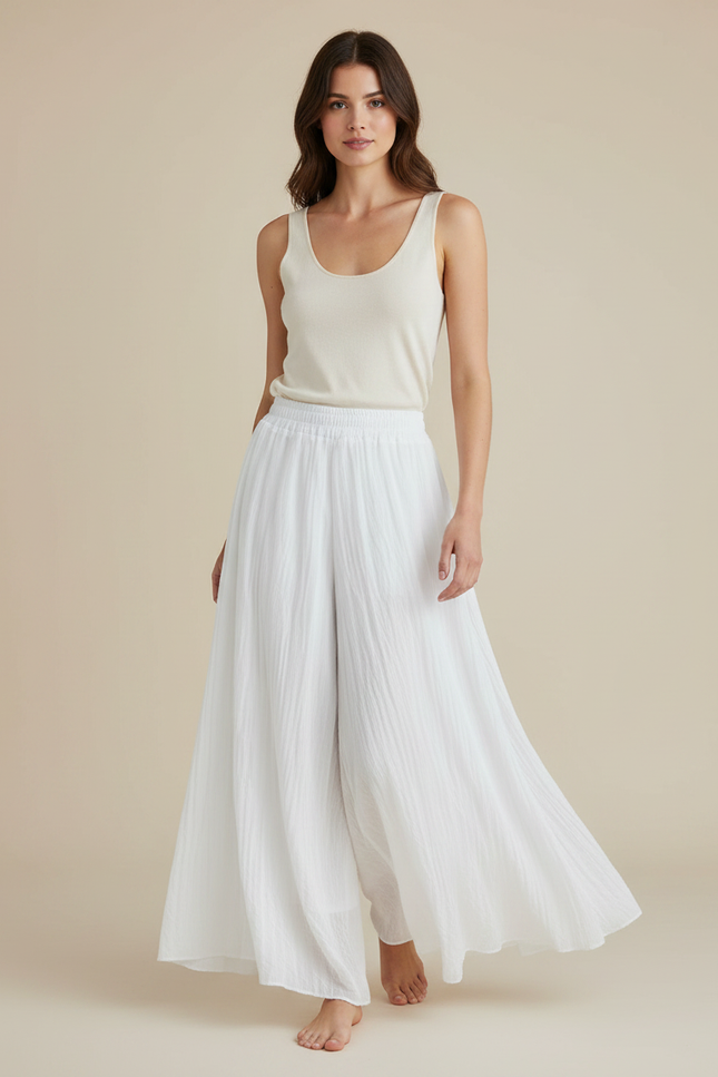 Pantalon Jupe Blanc Ample Fluide Coton Élégant - Lin