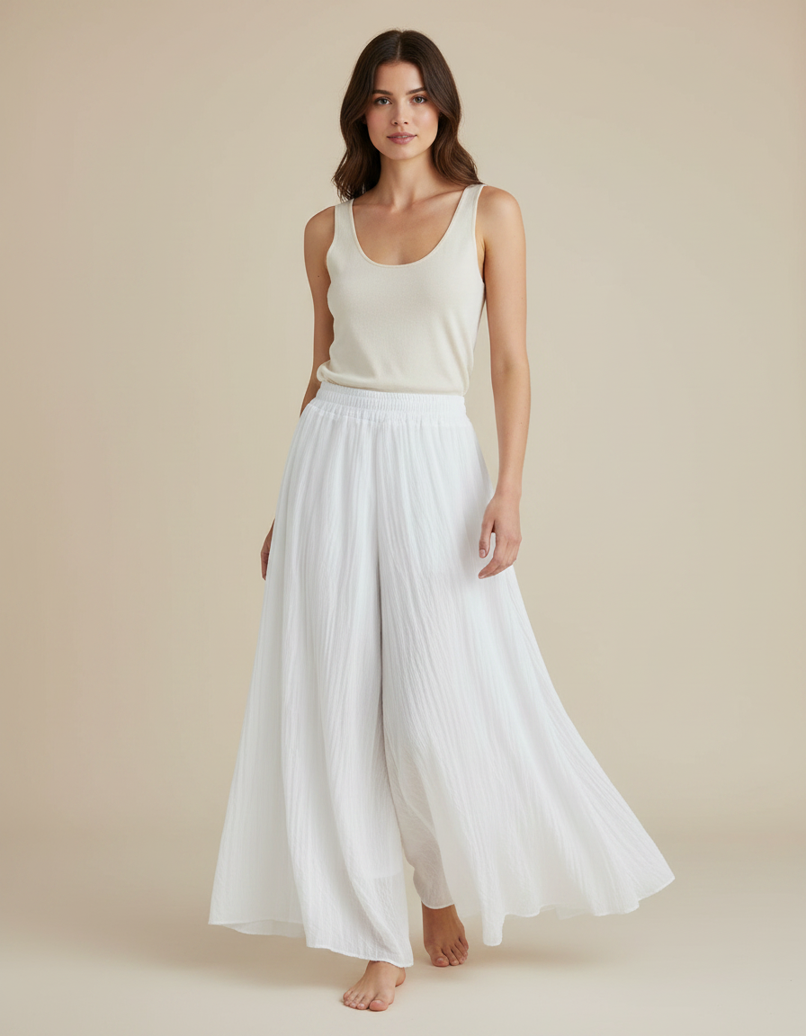 Pantalon Jupe Blanc Ample Fluide Coton Élégant - Lin