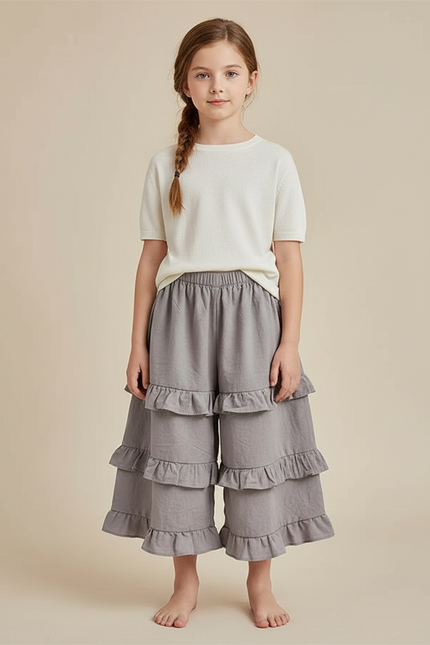 Pantalon Jupe Gris Volants Superposés Ample Fille Coton