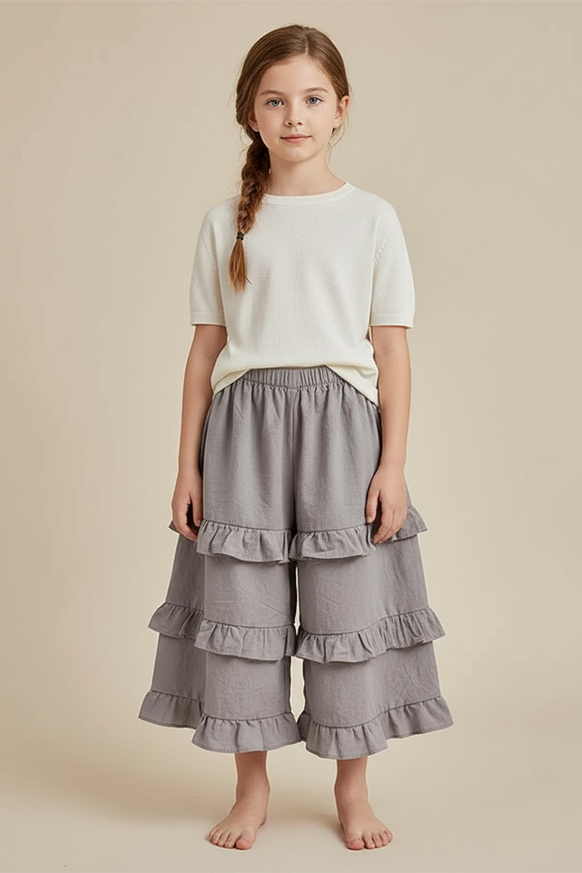 Pantalon Jupe Gris Volants Superposés Ample Fille Coton