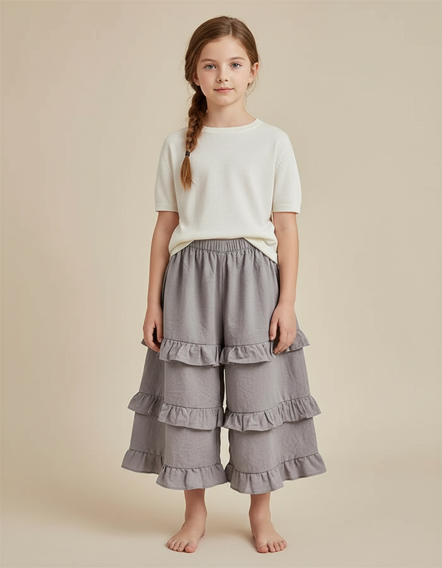 Pantalon Jupe Gris Volants Superposés Ample Fille Coton