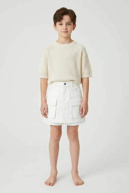 Pantalon Jupe Blanc Cargo Superposé Coton Enfant - Jean