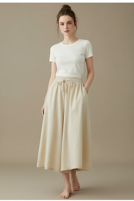 Pantalon Jupe Beige Lin Ample Décontracté Fluide Élastique