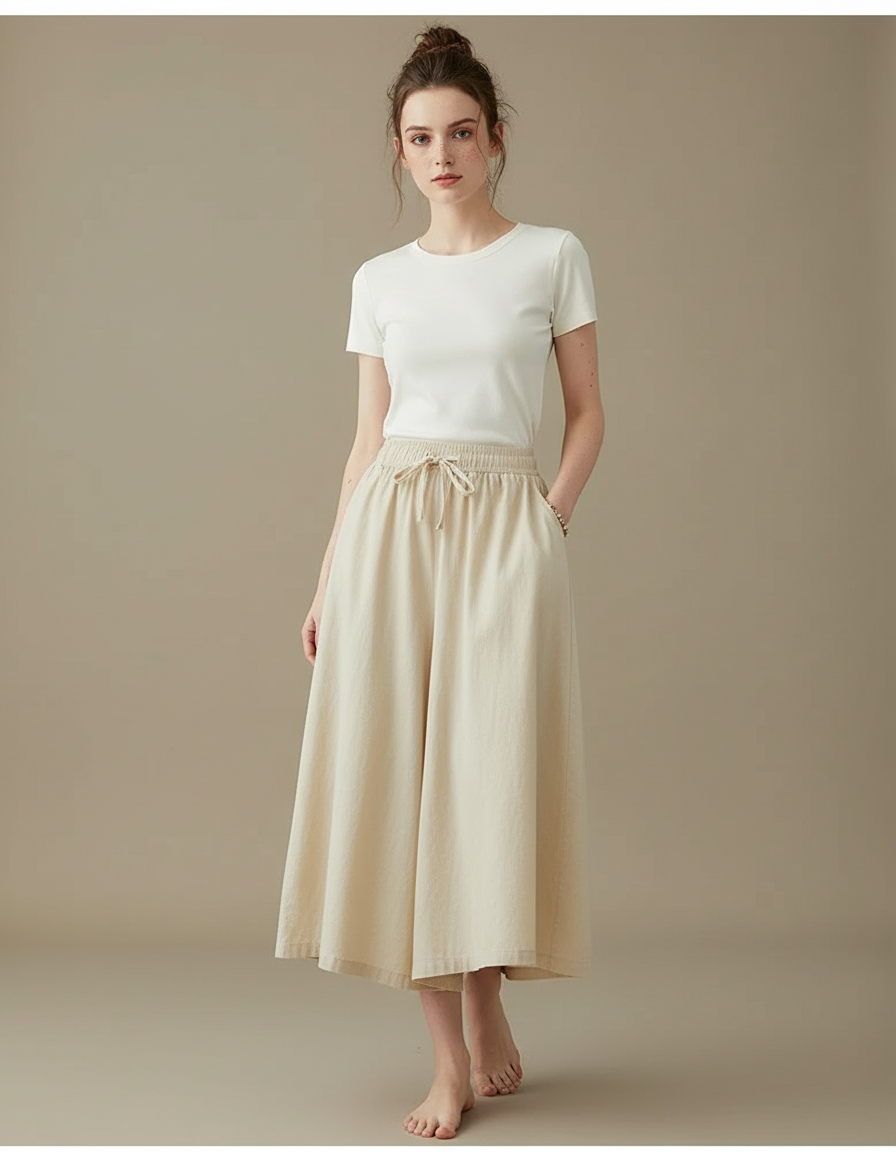Pantalon Jupe Beige Lin Ample Décontracté Fluide Élastique