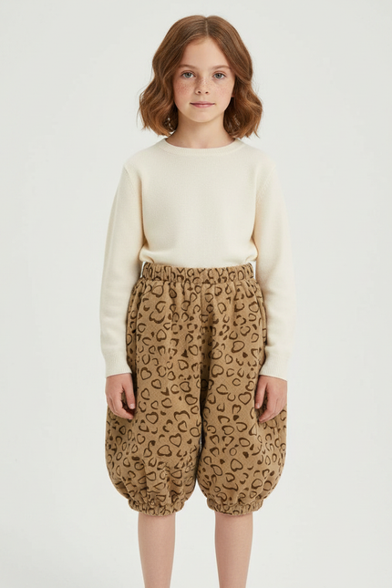 Pantalon Jupe Marron Côtelé Cœurs Ample Fille - Cordé