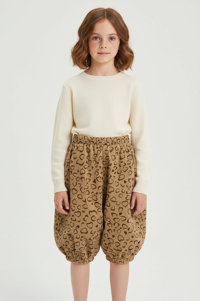 Pantalon Jupe Marron Côtelé Cœurs Ample Fille - Cordé