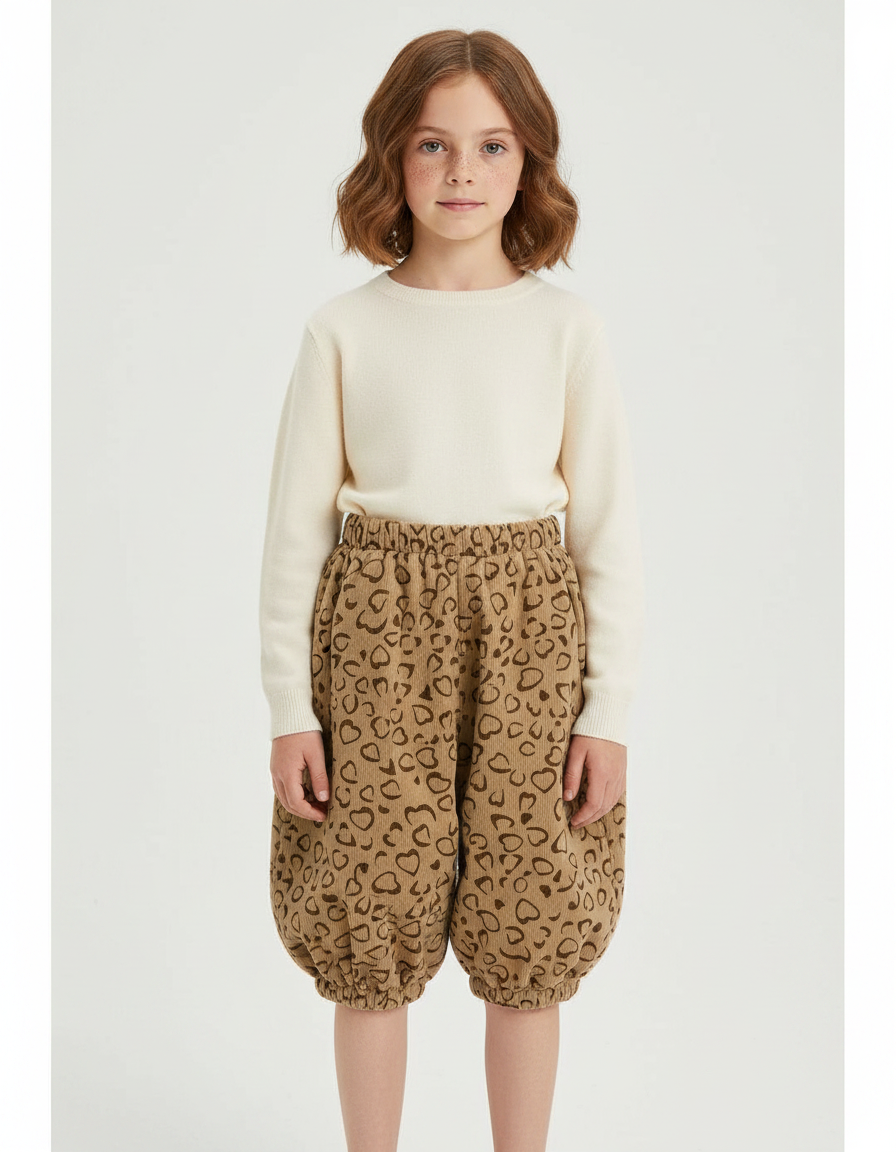Pantalon Jupe Marron Côtelé Cœurs Ample Fille - Cordé