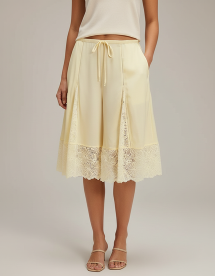 Pantalon Jupe Jaune Pâle Satin Dentelle Ample Fluide