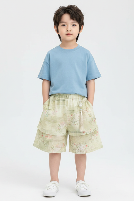 Pantalon Jupe Vert Floral Superposé Enfant Décontracté - Lin