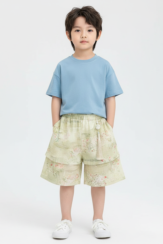 Pantalon Jupe Vert Floral Superposé Enfant Décontracté - Lin