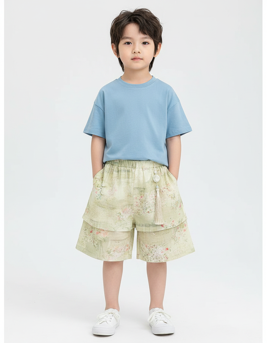 Pantalon Jupe Vert Floral Superposé Enfant Décontracté - Lin