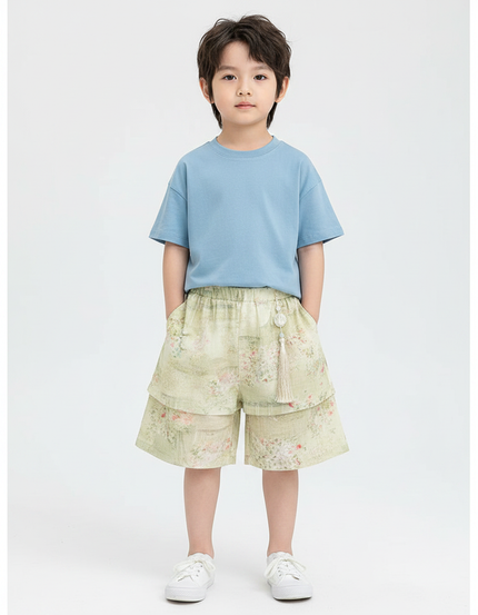 Pantalon Jupe Vert Floral Superposé Enfant Décontracté - Lin