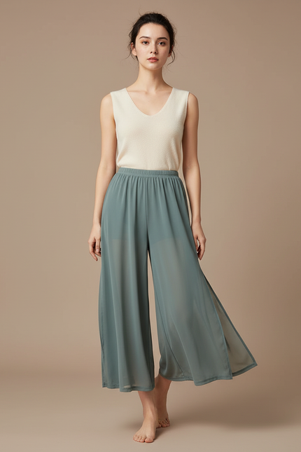 Pantalon Jupe Vert Fluide Ample Fendu Léger - Polyester