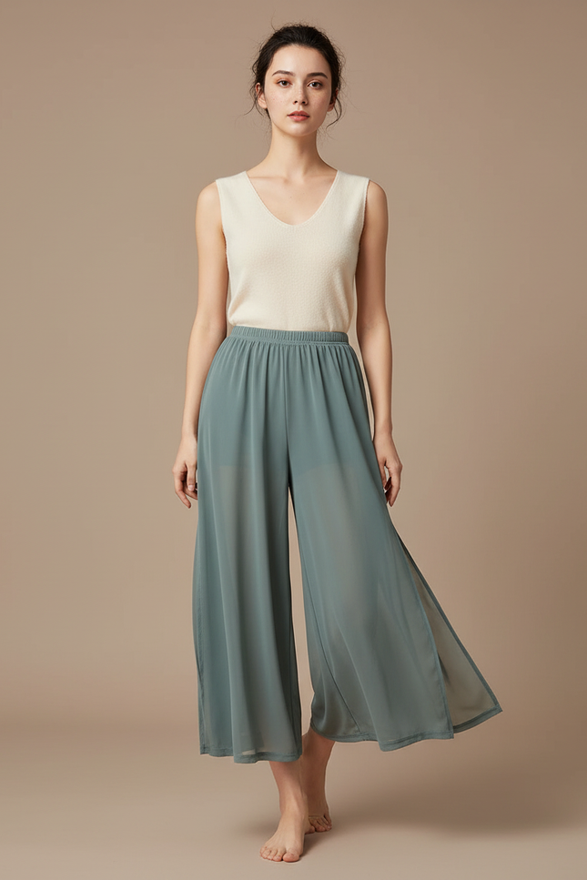 Pantalon Jupe Vert Fluide Ample Fendu Léger - Polyester