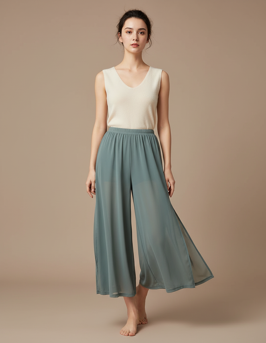 Pantalon Jupe Vert Fluide Ample Fendu Léger - Polyester