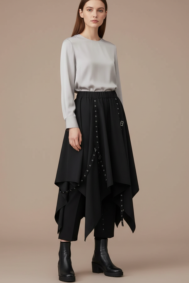 Pantalon Jupe Noir Asymétrique Gothique Punk Boucles - Polyester