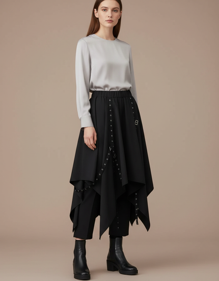 Pantalon Jupe Noir Asymétrique Gothique Punk Boucles - Polyester