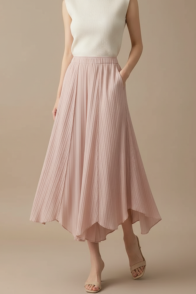 Pantalon Jupe Plissé Rose Fluide Asymétrique Élégant - Polyester