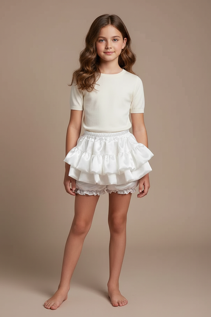 Pantalon Jupe Blanc Satin Volants Bouffant Court