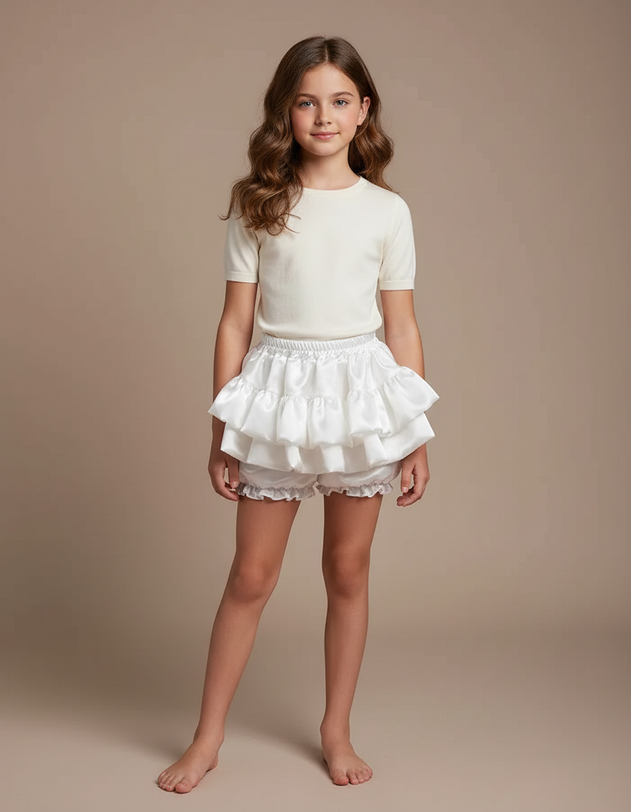 Pantalon Jupe Blanc Satin Volants Bouffant Court