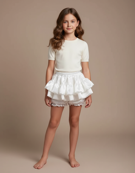 Pantalon Jupe Blanc Satin Volants Bouffant Court