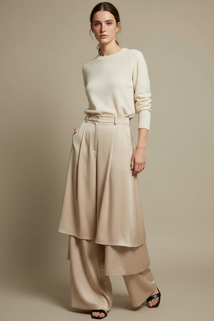 Pantalon Jupe Beige Satiné Fluide Superposé Élégant